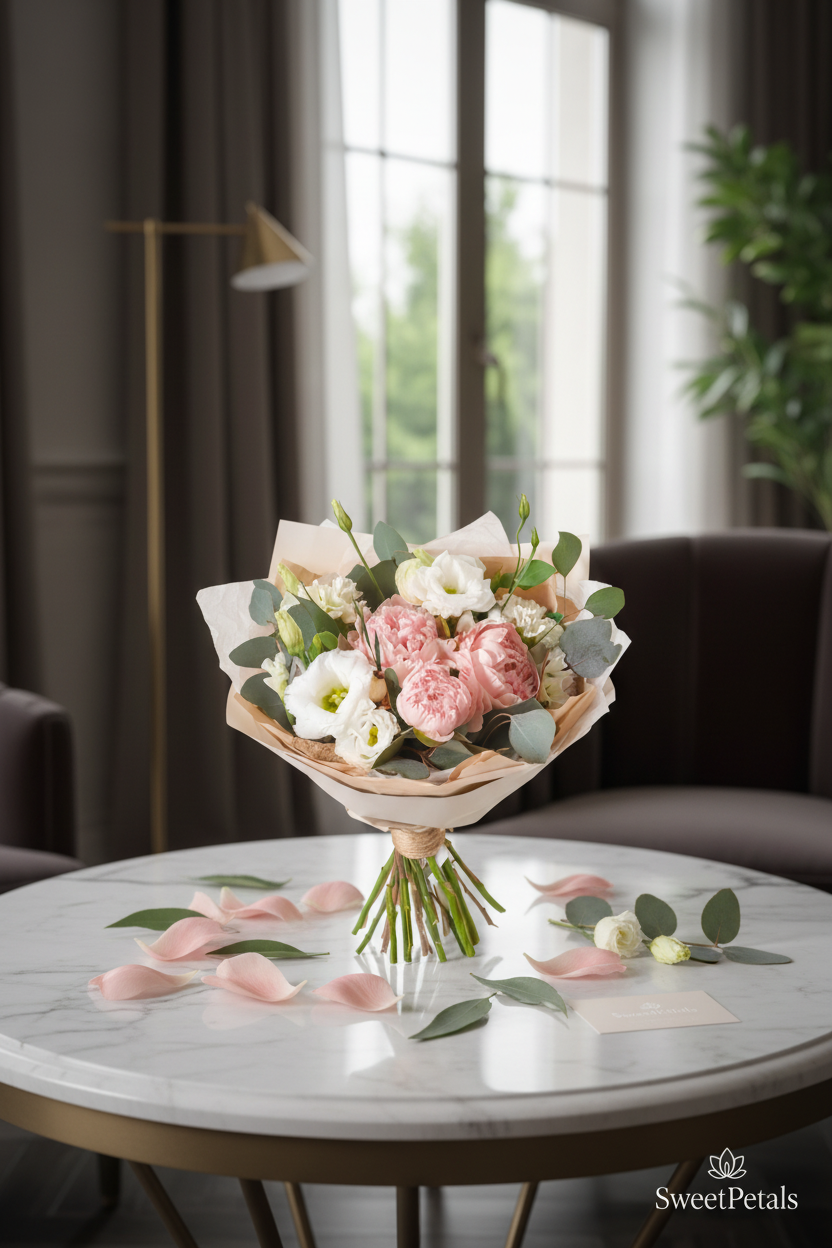 Elegant blush peony and white lisianthus bouquet by window in luxury home – SweetPetals blushing beauty premium floral gift