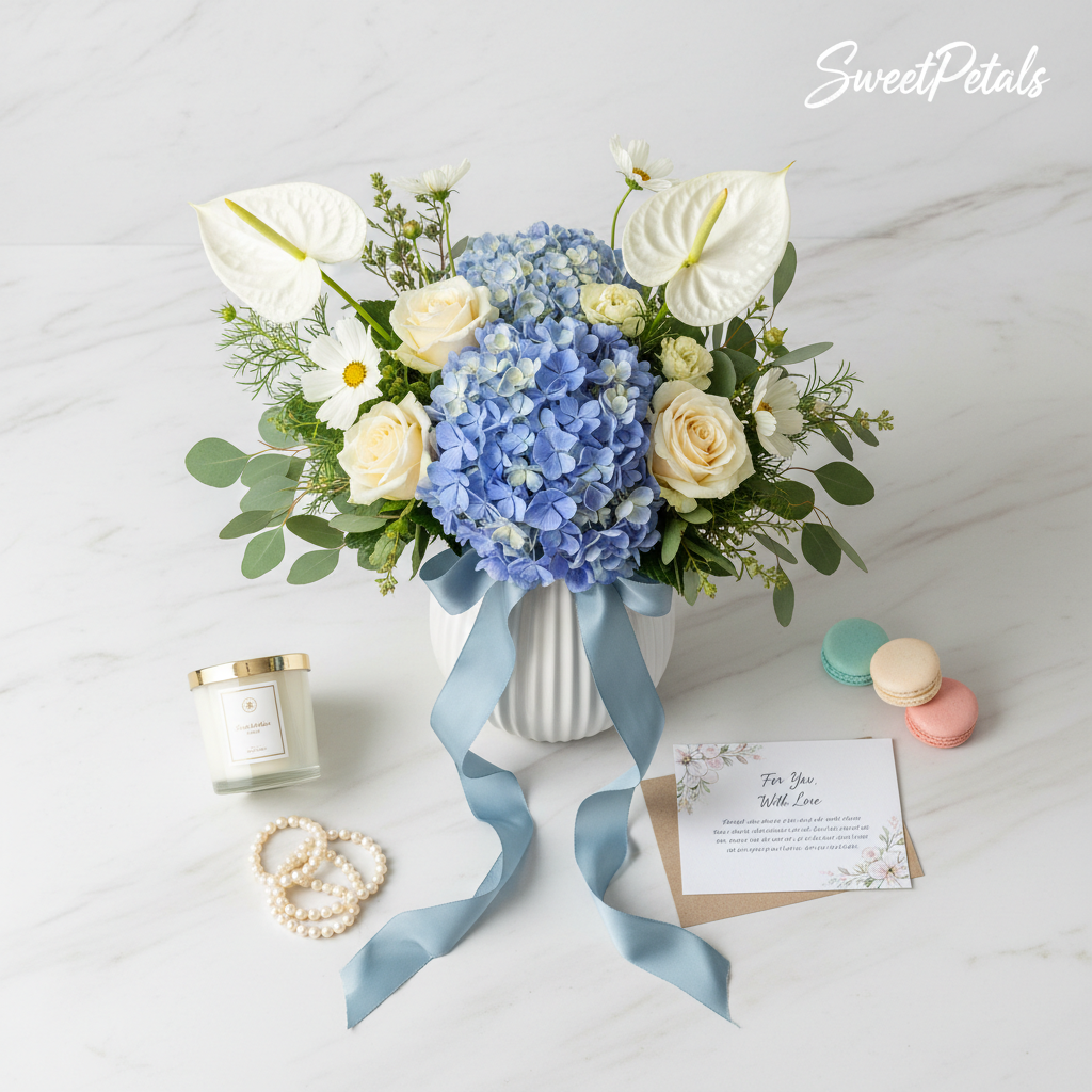 Blue white ceramic vase arrangement flat lay with candle pearls macarons – SweetPetals luxury gifting NYC