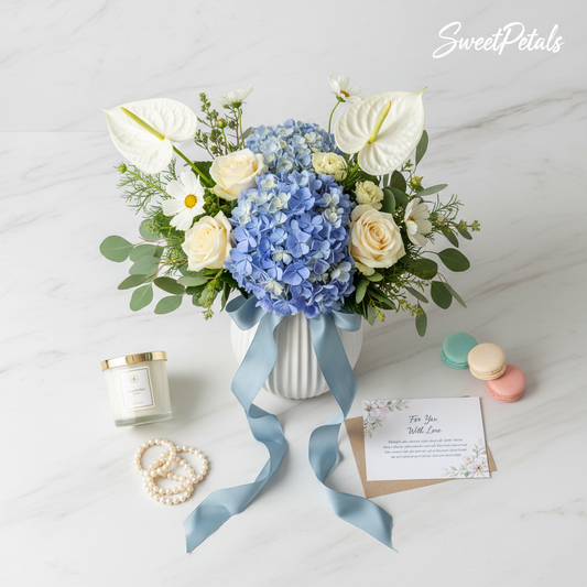 Blue white ceramic vase arrangement flat lay with candle pearls macarons – SweetPetals luxury gifting NYC