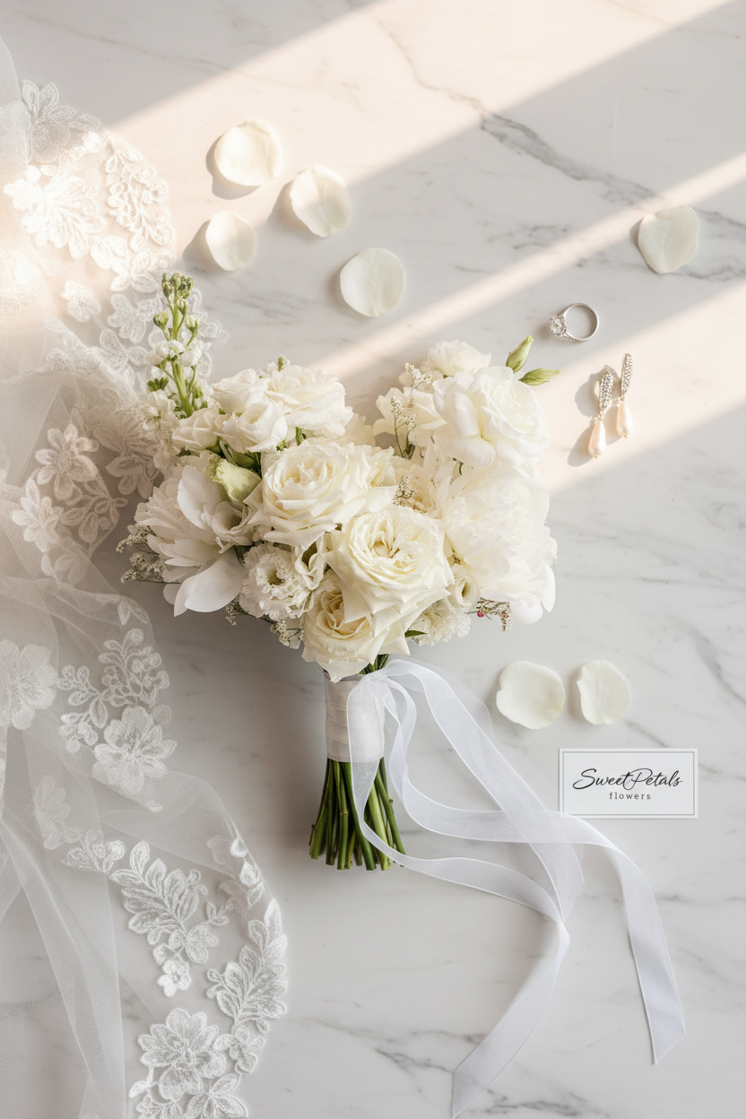 Flat lay ethereal white bridal bouquet with diamond ring pearl earrings and white lace veil on marble – SweetPetals luxury white rose peony wedding bouquet delivery