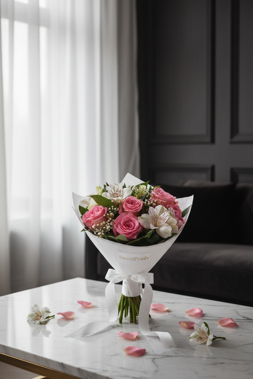 Elegant pink rose and white alstroemeria bouquet by window in luxury home – SweetPetals premium fresh flower gift