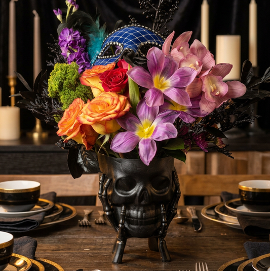 Halloween skull vase flower centerpiece on a styled table, SweetPetals Brooklyn USA