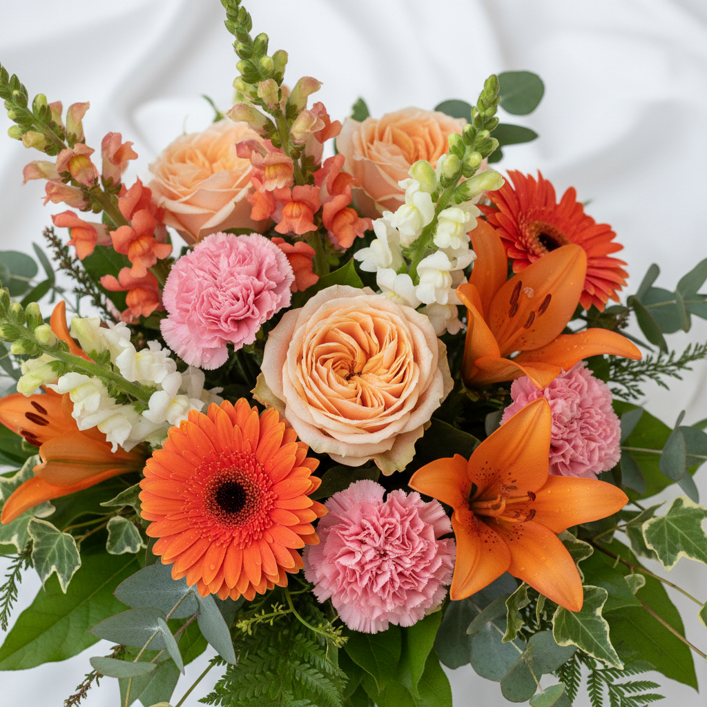 Close-up of peach roses, orange gerberas, pink carnations and orange lilies luxury flower arrangement by SweetPetals NYC