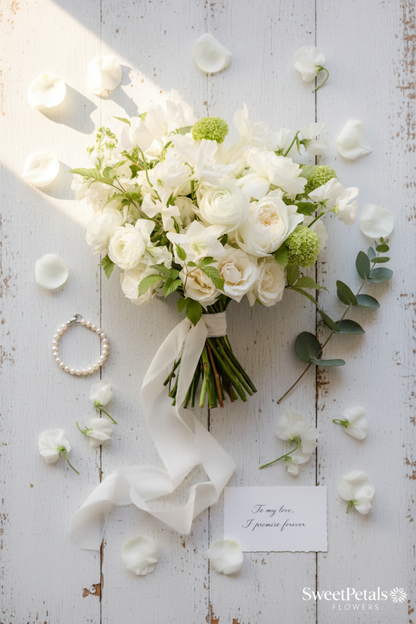 Flat lay willow garden bridal bouquet with pearl bracelet eucalyptus and vow card on white wood – SweetPetals luxury white ranunculus rose sweet pea wedding bouquet delivery