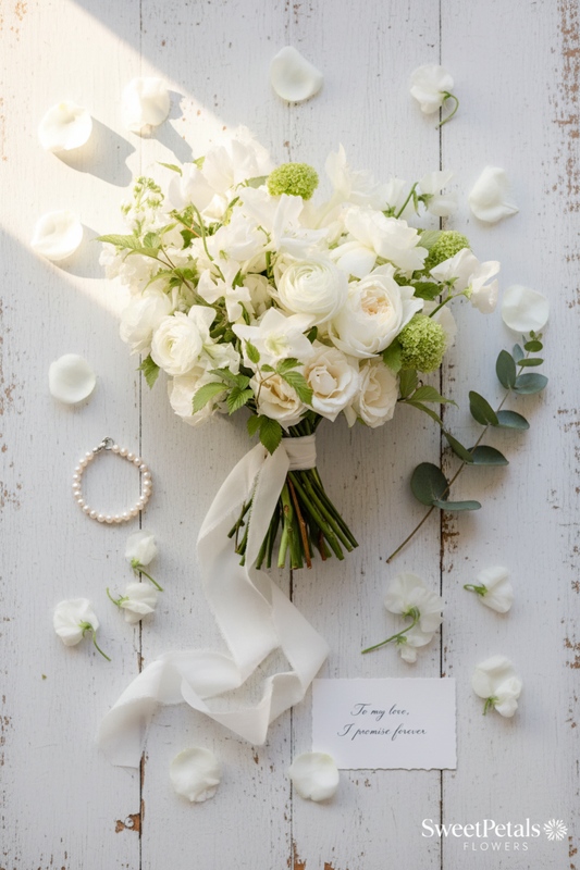Flat lay willow garden bridal bouquet with pearl bracelet eucalyptus and vow card on white wood – SweetPetals luxury white ranunculus rose sweet pea wedding bouquet delivery
