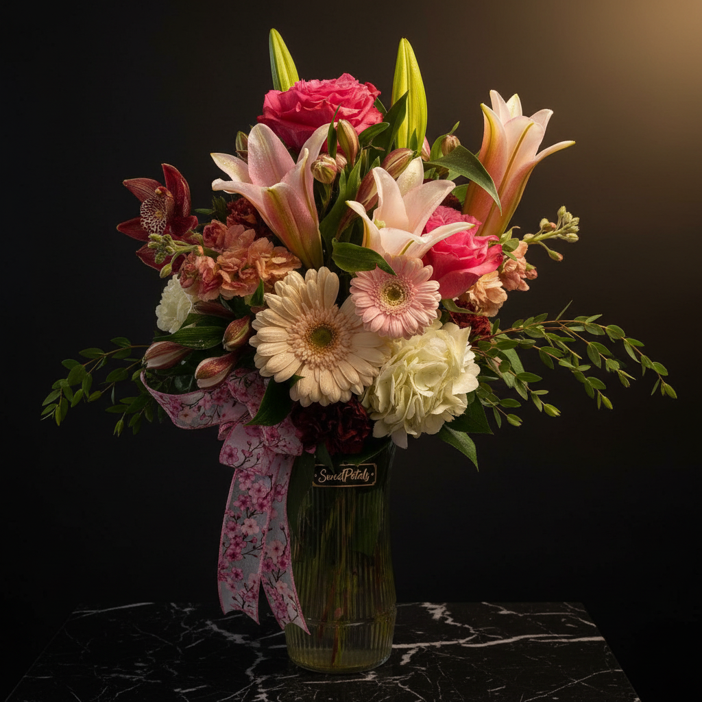 Close-up of hot pink roses white oriental lilies pale pink gerbera daisies and cream hydrangea in ribbed glass vase on dark marble with golden light – SweetPetals pink blossom romance luxury vase arrangement