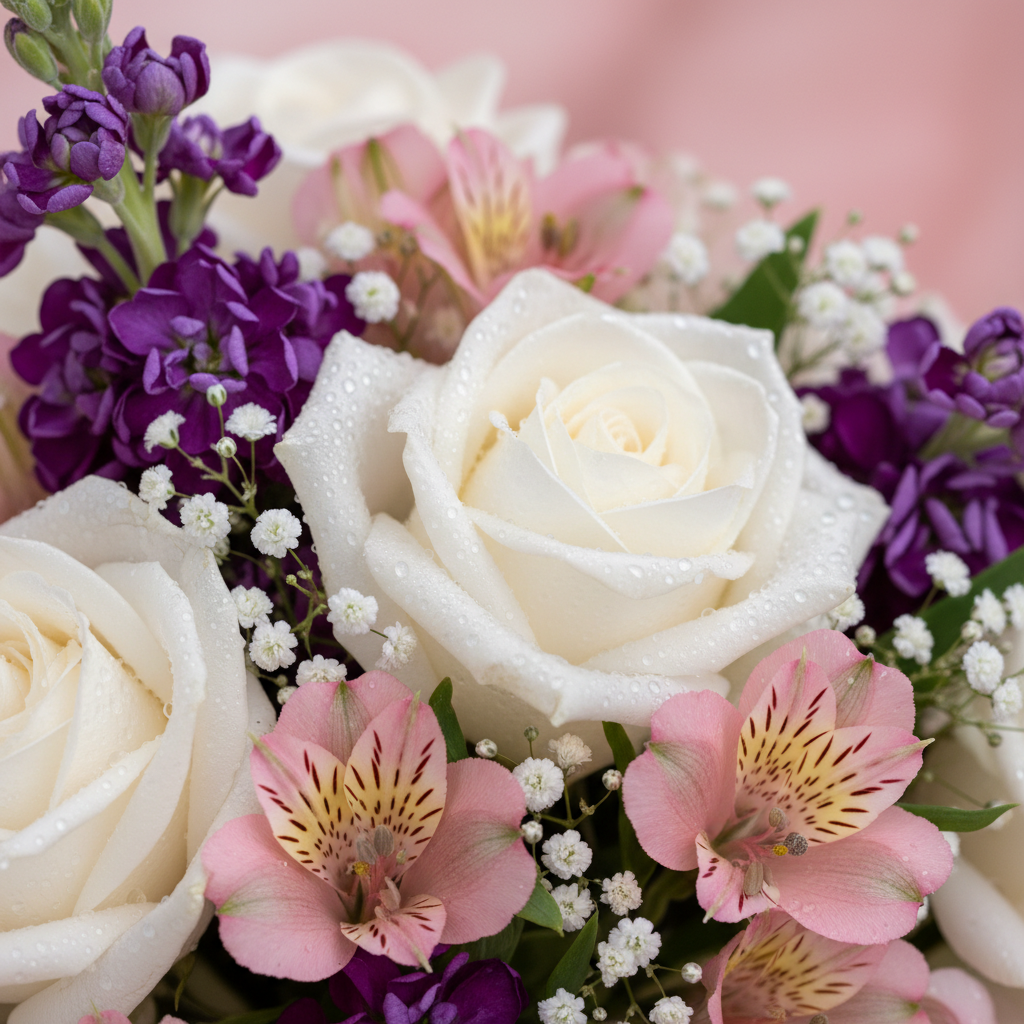 Ultra close-up macro of white roses purple stock and pink alstroemeria – SweetPetals premium flowers Brooklyn Manhattan