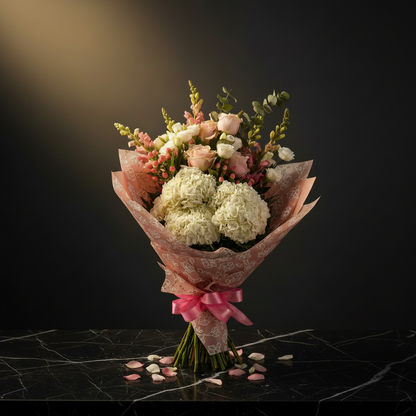 Cloud Nine hydrangea and rose luxury bouquet on dark marble with golden spotlight and SweetPetals gold foil slogan – SweetPetals luxury white hydrangea blush rose birthday romance wedding gift New York