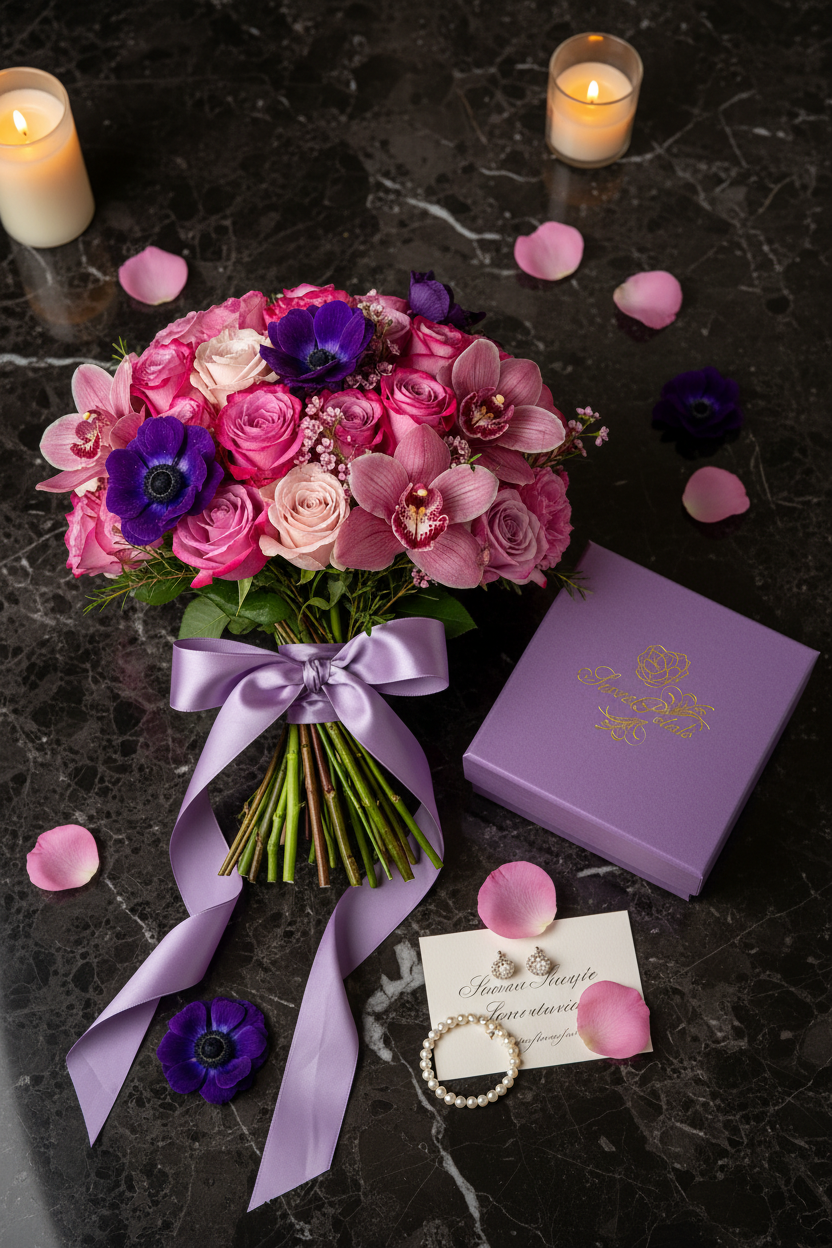 Flat lay royal orchid and anemone luxury bouquet with purple gift box on dark marble – SweetPetals premium pink rose and orchid gift delivery