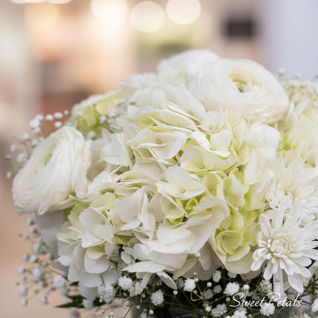 Close-up white ranunculus and hydrangea blooms – SweetPetals premium floral arrangement