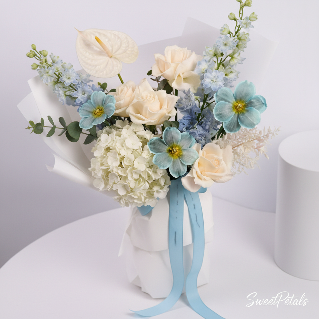 Hand-tied blue white flower bouquet with hydrangea roses cosmos in white wrap blue ribbon – SweetPetals NYC