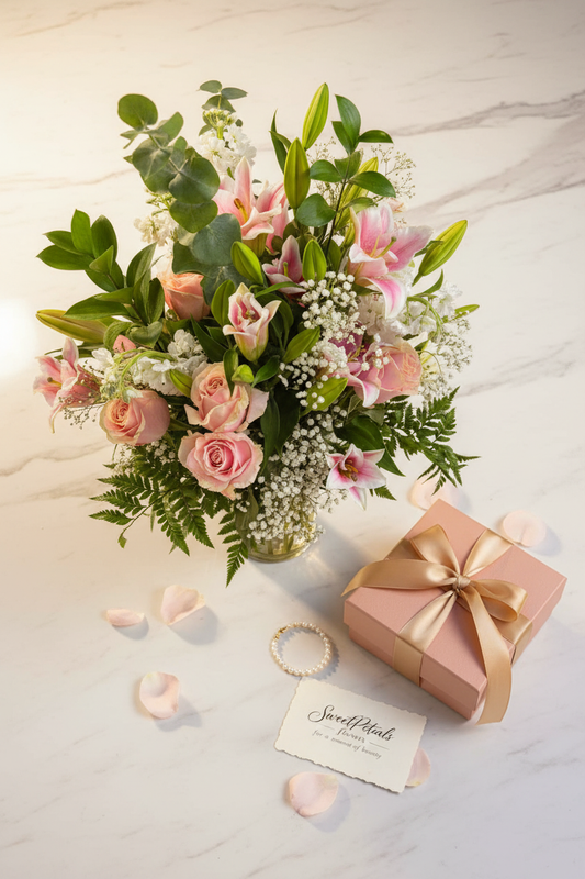 Flat lay blush romance pink rose and lily luxury vase arrangement with blush gift box and pearl bracelet on white marble – SweetPetals luxury pink rose oriental lily anniversary gift delivery New York