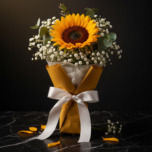 Sunny day mini sunflower bouquet on dark marble with golden spotlight and SweetPetals gold foil slogan – SweetPetals luxury single sunflower baby's breath eucalyptus birthday thank you gift New York