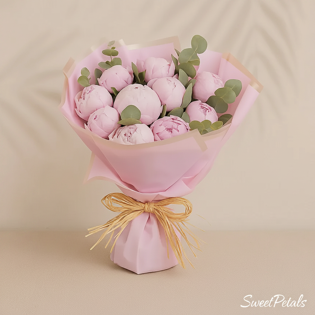 Pink peony bouquet 3/4 angle blush wrap beige background – SweetPetals luxury flowers NYC