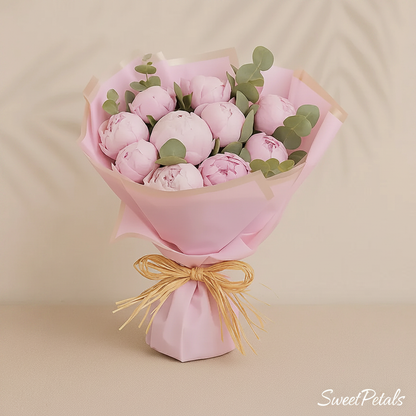 Pink peony bouquet 3/4 angle blush wrap beige background – SweetPetals luxury flowers NYC