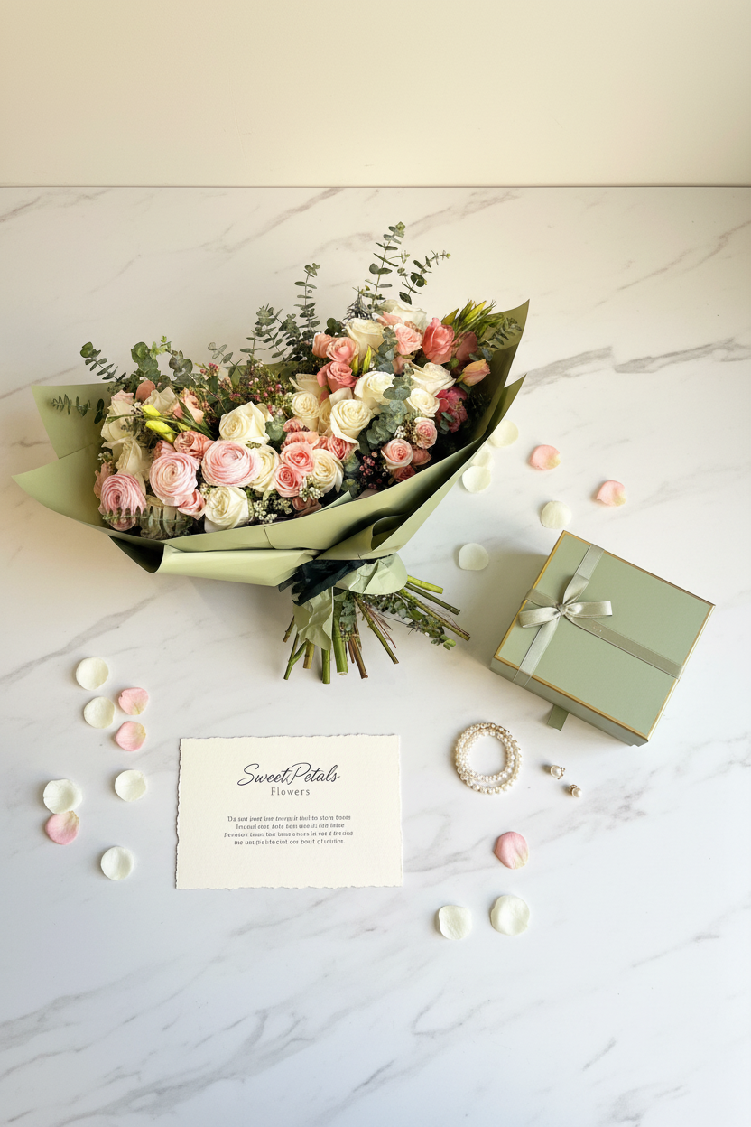Flat lay garden romance bouquet with sage green gift box on marble – SweetPetals luxury white rose and ranunculus gift delivery