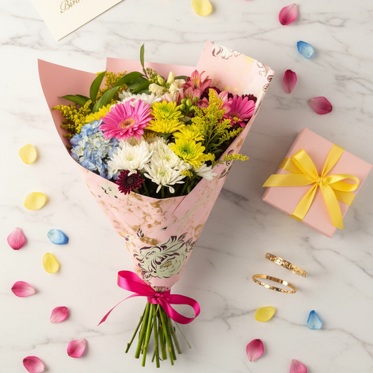 Flat lay garden of joy mixed bouquet with pink gift box and gold bracelet on white marble – SweetPetals luxury colorful mixed flower birthday celebration gift delivery New York