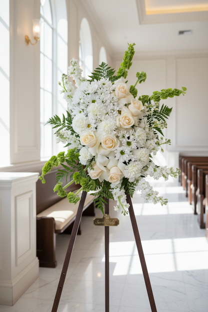 Elegant all-white standing spray on easel in luxury chapel interior – SweetPetals premium sympathy arrangement