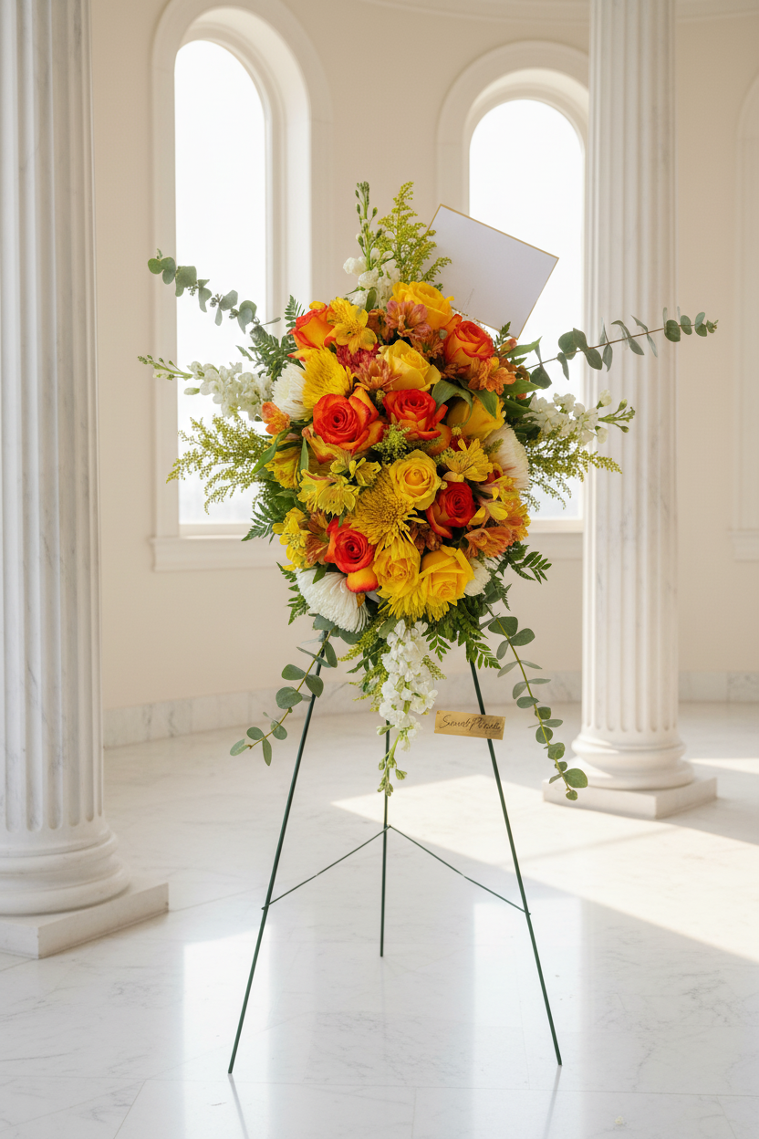 Golden sunrise sympathy standing spray on black easel in bright white chapel interior with golden light – SweetPetals premium orange rose yellow mum funeral flower arrangement New York