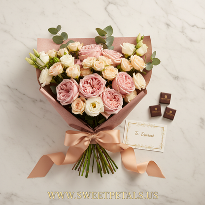 Luxury pink and peach rose bouquet gift set with chocolates and ribbon - SweetPetals NYC flower delivery
