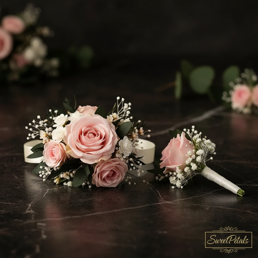 Close-up of blush pink rose wrist corsage and matching boutonniere with baby's breath on dark marble – SweetPetals prom flowers