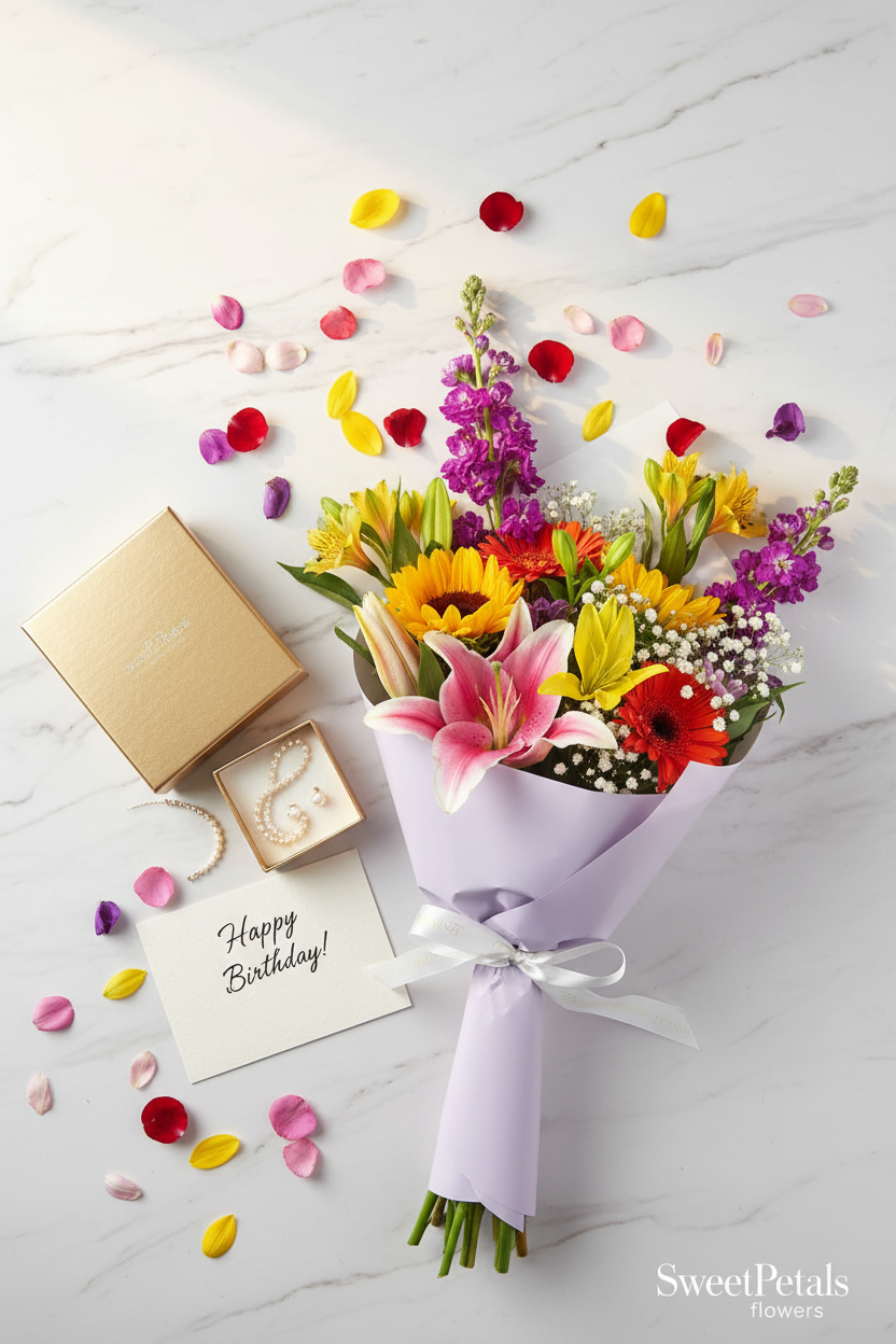 Flat lay sunshine garden mixed bouquet with gold gift box and pearl jewelry on marble – SweetPetals luxury sunflower lily gerbera daisy gift delivery