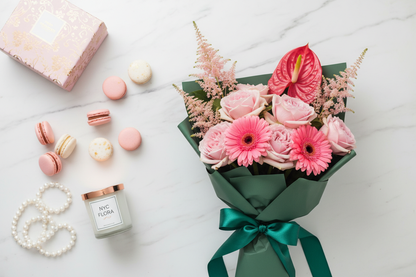 Pink blooms bouquet flat lay with gift box and macarons – SweetPetals luxury flower delivery NYC