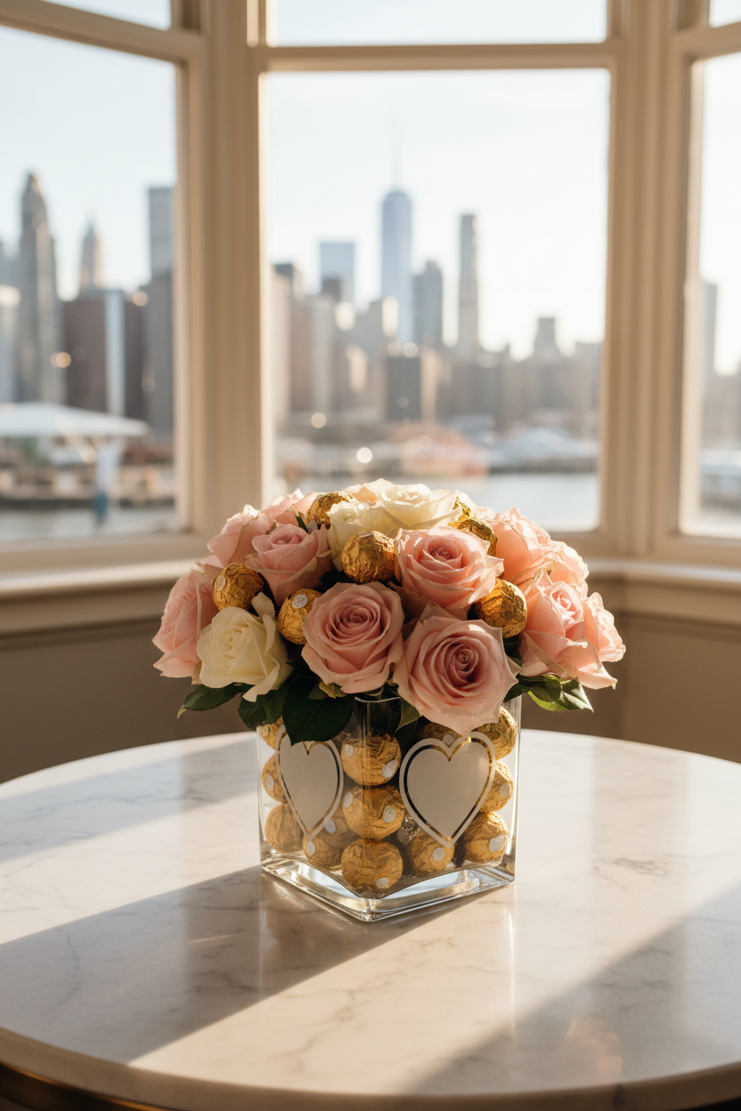 Pink roses and Ferrero Rocher in heart vase by window – SweetPetals premium flowers Brooklyn Manhattan