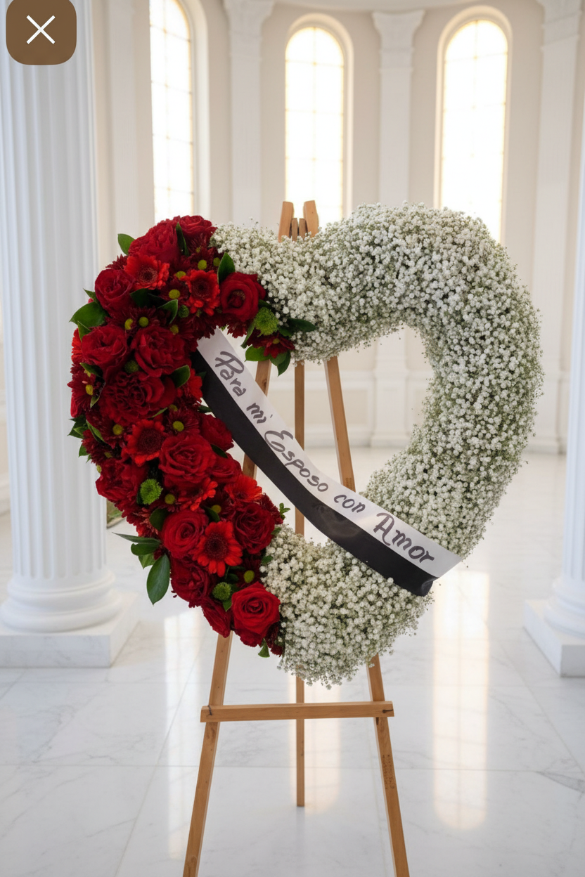 Red and white two-tone heart sympathy wreath on wooden easel in bright white chapel interior with golden light – SweetPetals premium red rose baby's breath funeral heart tribute New York