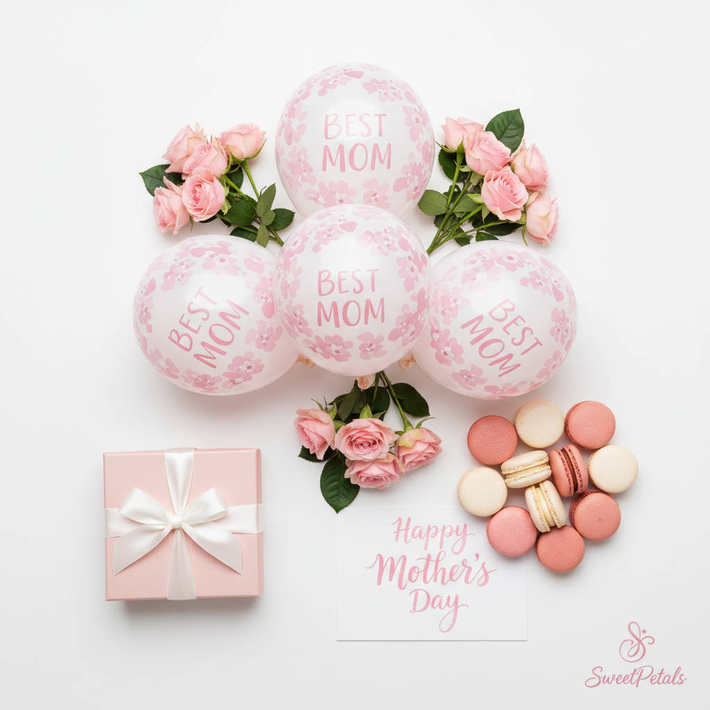 Mother's Day balloon flat lay with roses gift box macarons – SweetPetals gifting NYC