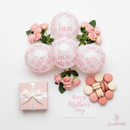 Mother's Day balloon flat lay with roses gift box macarons – SweetPetals gifting NYC