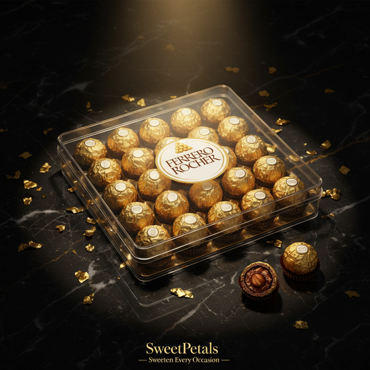 Ferrero Rocher 24-piece luxury gold chocolate gift box on dark marble with golden spotlight and SweetPetals gold foil slogan – SweetPetals luxury hazelnut milk chocolate birthday anniversary Valentine corporate gift New York