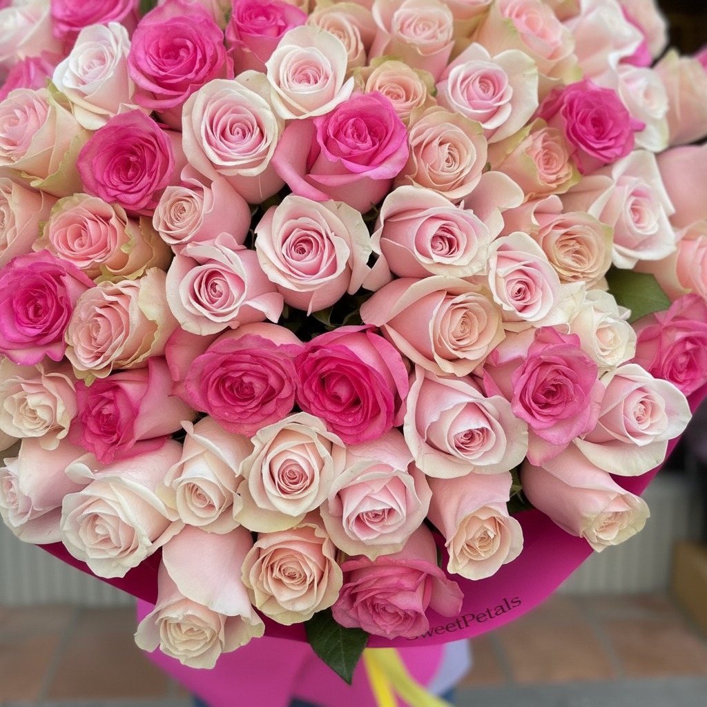 Close-up of hot pink and blush rose petals in shocking pink wrapped bouquet – SweetPetals premium roses