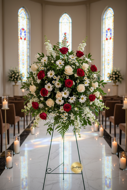 Sympathy standing spray in chapel setting — SweetPetals luxury funeral flower arrangement USA