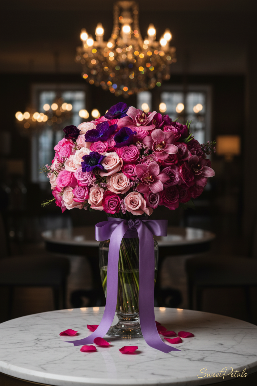 Elegant royal orchid and anemone luxury bouquet in glass vase in luxury interior – SweetPetals premium pink rose and purple orchid gift New York
