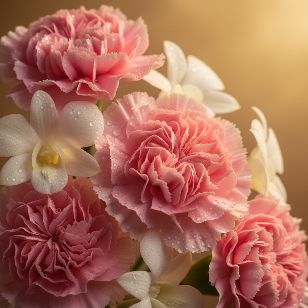 Ultra close-up macro of pink carnations and white orchid blooms – SweetPetals luxury flower delivery NYC