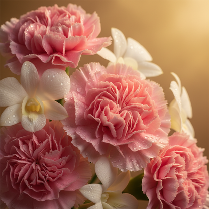 Ultra close-up macro of pink carnations and white orchid blooms – SweetPetals luxury flower delivery NYC