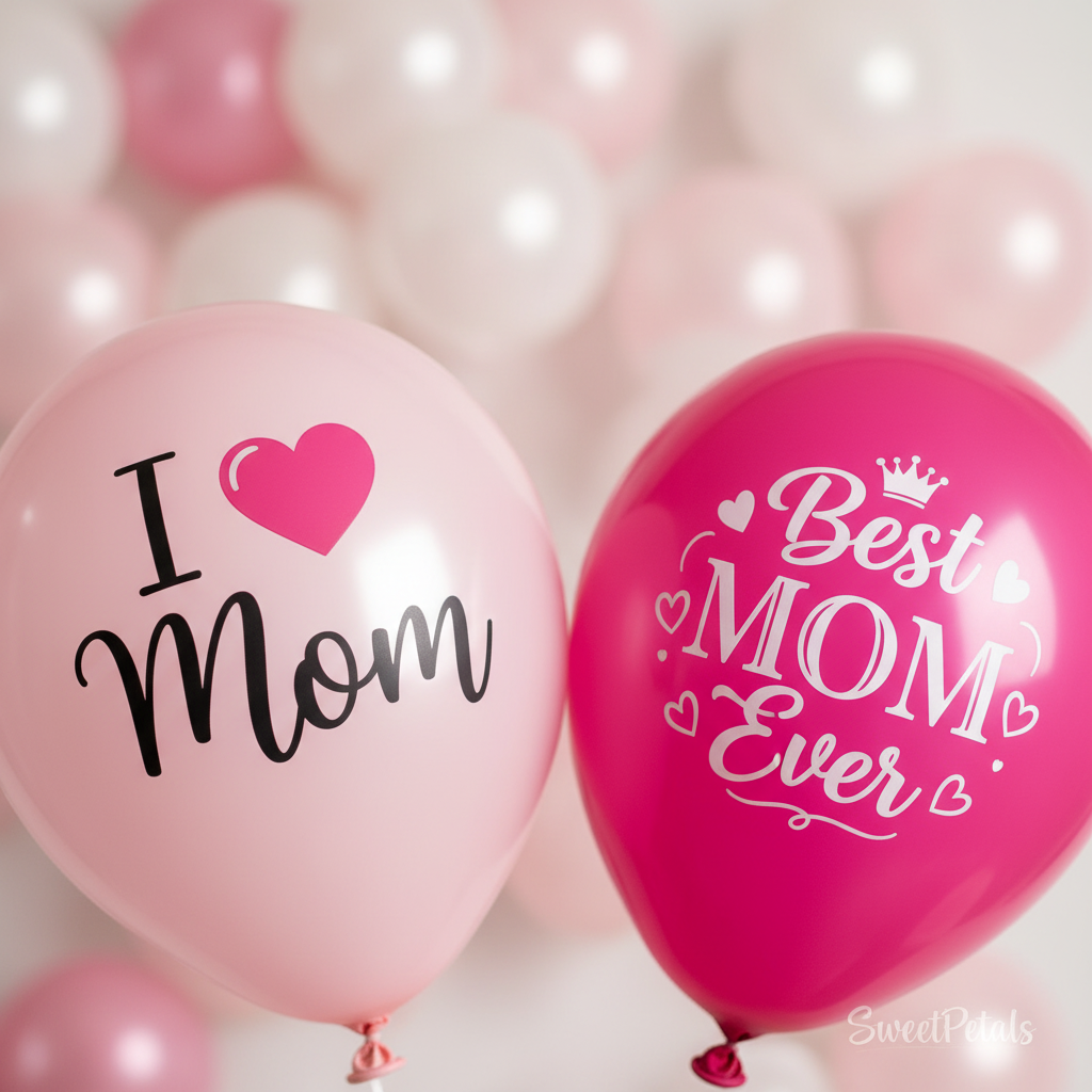 Close-up I Love Mom and Best MOM Ever pink latex balloon detail – SweetPetals Mother's Day NYC