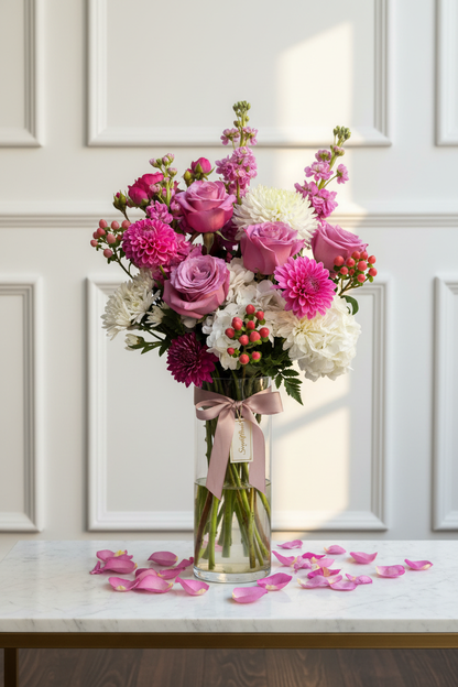 Mauve rose and dahlia bloom arrangement in clear glass vase on white marble console table in bright luxury home with golden light – SweetPetals luxury purple rose magenta dahlia birthday gift New York