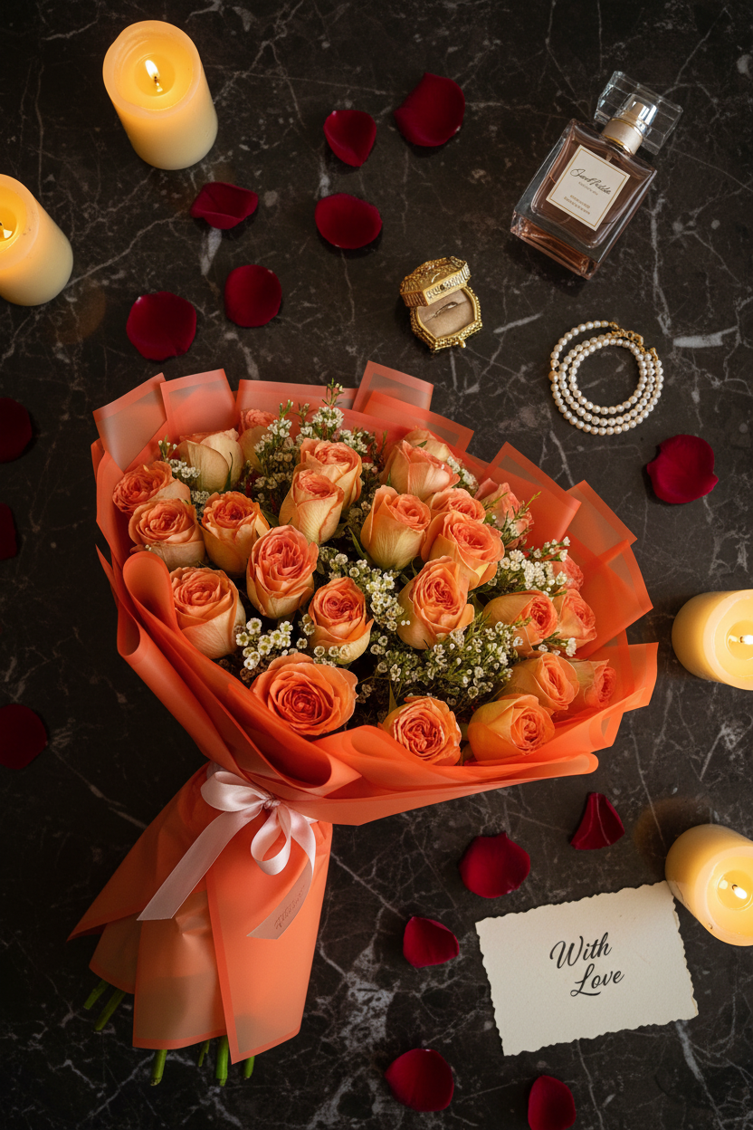 Romantic flat lay ember glow orange rose bouquet with gold ring box and pearl jewelry on dark marble – SweetPetals luxury coral rose anniversary gift