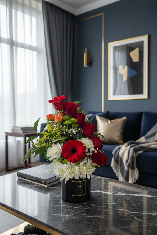 Elegant mixed floral bouquet in dark vase by window – SweetPetals luxury flower arrangement