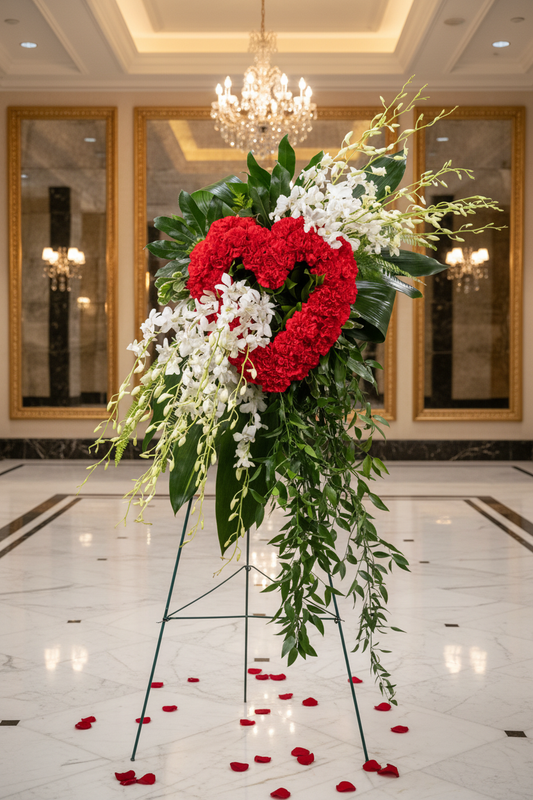 Eternal love heart sympathy standing tribute on black easel in elegant luxury hotel lobby with gold mirrors and chandelier lighting – SweetPetals luxury red carnation heart wreath white orchid funeral tribute New York