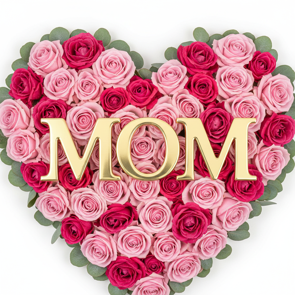 Close-up of pink roses heart arrangement with gold MOM letters and eucalyptus – SweetPetals NYC florist