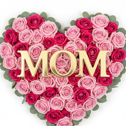 Close-up of pink roses heart arrangement with gold MOM letters and eucalyptus – SweetPetals NYC florist