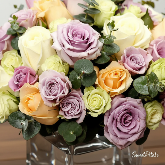 Close-up lavender peach cream green roses with eucalyptus in crystal vase – SweetPetals premium flowers NYC