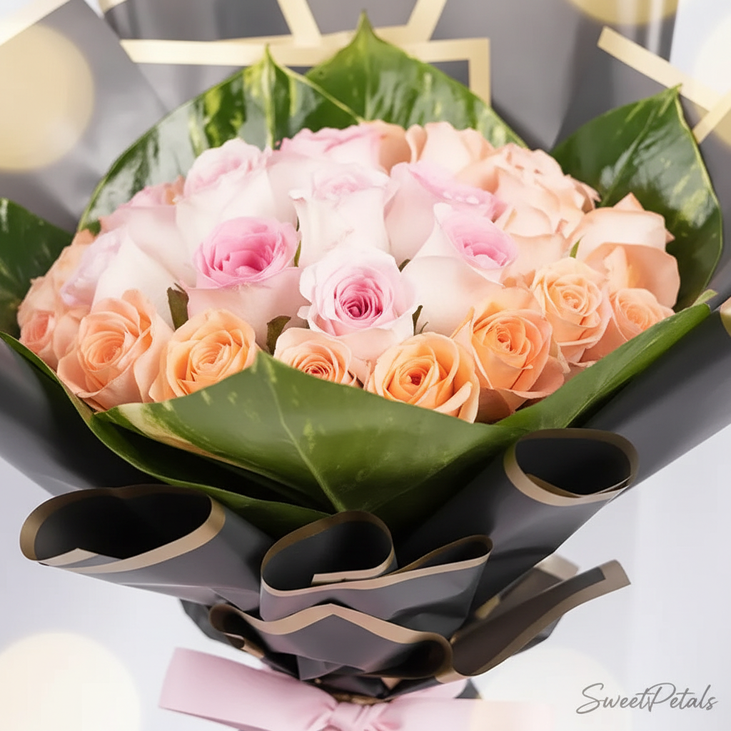 Close-up peach blush pink roses in dark charcoal wrap with tropical leaves – SweetPetals premium roses NYC