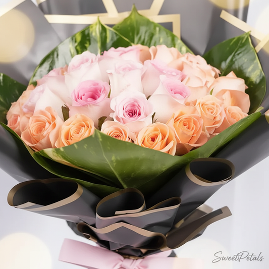 Close-up peach blush pink roses in dark charcoal wrap with tropical leaves – SweetPetals premium roses NYC