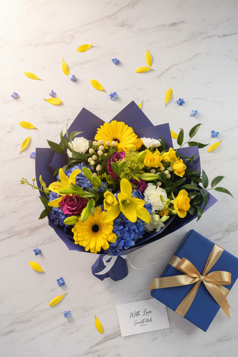 Flat lay azure sunshine mixed flower bouquet with blue gift box on marble – SweetPetals vibrant luxury flower gift delivery