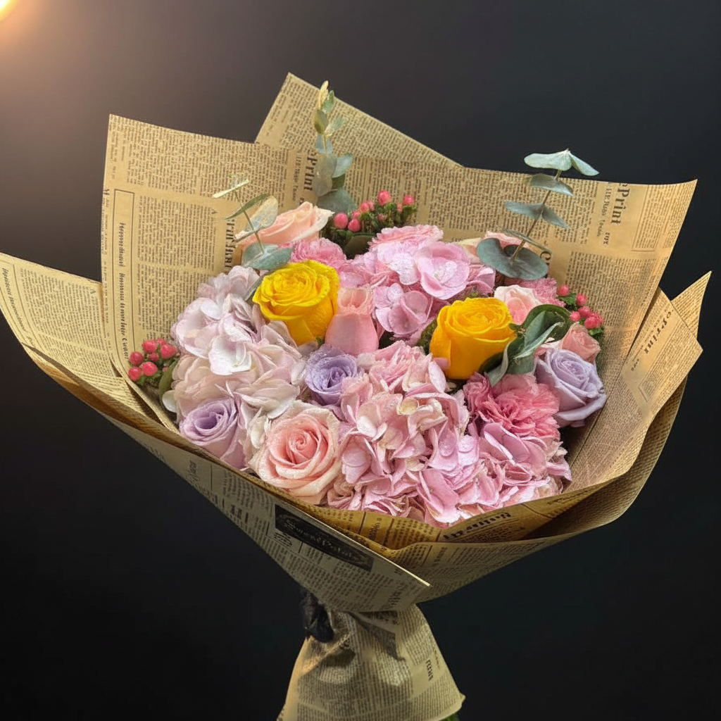 Close-up of pink hydrangea yellow roses lavender roses and red berries in newspaper wrap – SweetPetals luxury bouquet
