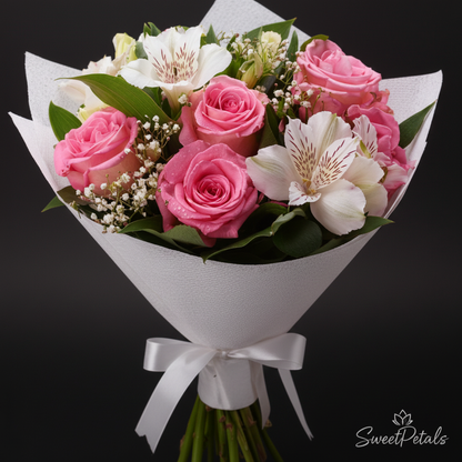 Close-up of hot pink roses and white alstroemeria with baby's breath in white wrap – SweetPetals luxury flower bouquet